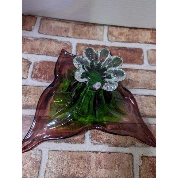 Vintage Murano Art Glass Butterfly Vase Hand Blown Green Amethyst 5 In Tall MCM - Picture 7 of 8